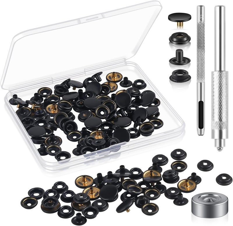 Moocci 200Pieces (50Sets) 15MM Snap Fastener Kit Tool Snap Button kit Snaps for Leather Snap Fasteners Kit for Leather Marine Grade Stainless Steel Snaps Button for Canvas Bag, Jeans, Clothes, Fabric (BLack) - Image 1